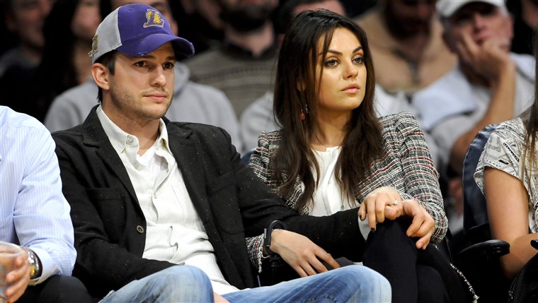  newly engaged actors Ashton Kutcher and Mila Kunis attend an NBA basketball game between theNew Orleans Pelicans and Los Angeles Lakers, Tuesday, ...