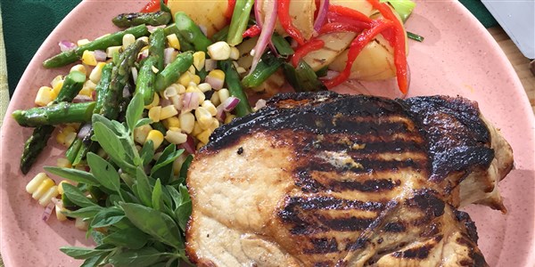 Brined Pork Chops with Grilled Asparagus and Corn Salad