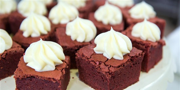Piros Velvet Brownies with Cream Cheese Frosting