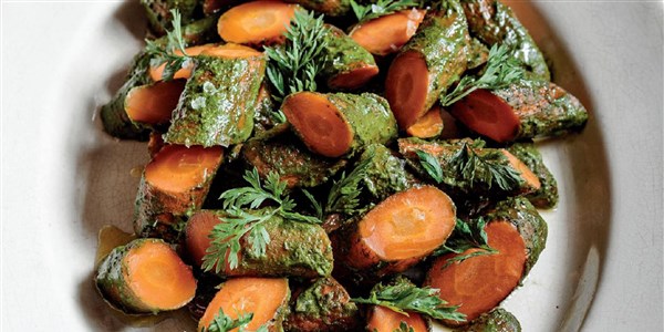 קלויים Carrots with Carrot-Top Chimichurri and Granola