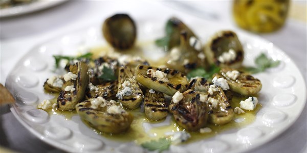 Pácolt and Grilled Baby Artichokes with Blue Cheese Vinaigrette