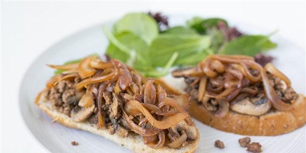 Skillet Beef and Mushroom Toasts with Baby Kale Salad