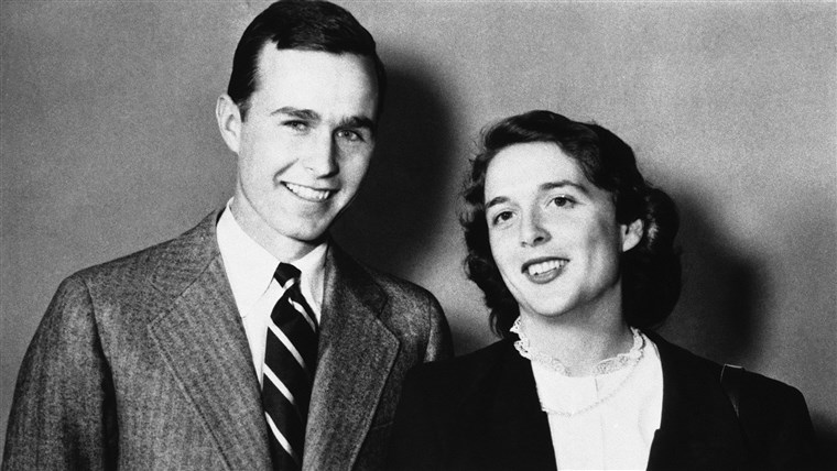 जॉर्ज Bush is shown with wife Barbara in 1945.