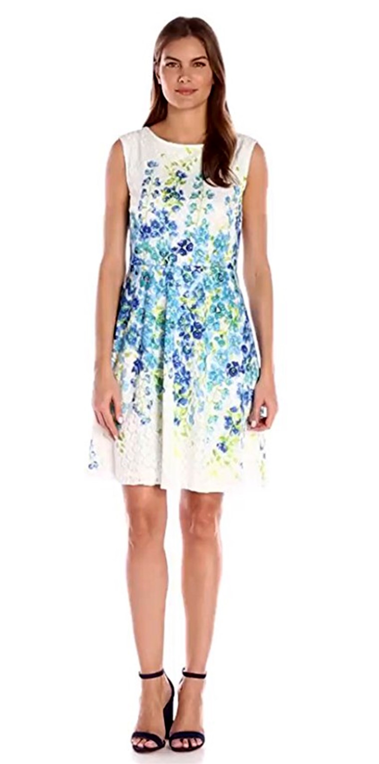 סנדרה Darren Women's 1 Pc Extended Shoulder Printed Lace Fit & Flare Dress