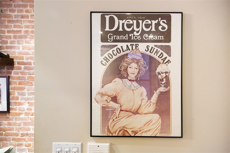 Vješanje on one wall is a vintage Dreyer's ice cream poster Dylan's mom gifted her.