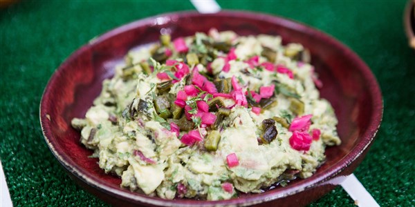 गुआकामोल with Roasted Poblano and Pickled Red Onions