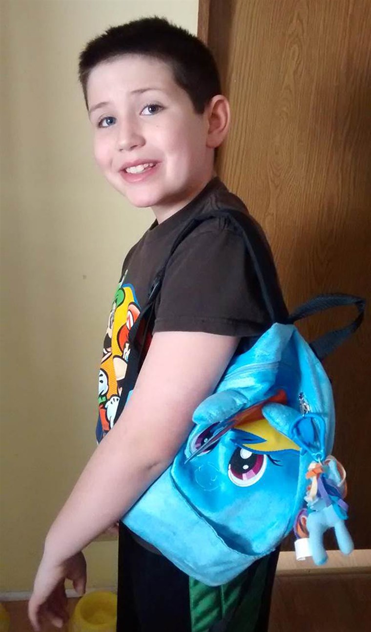 תמונה: Grayson Bruce, 9, with his My Little Pony backpack. 