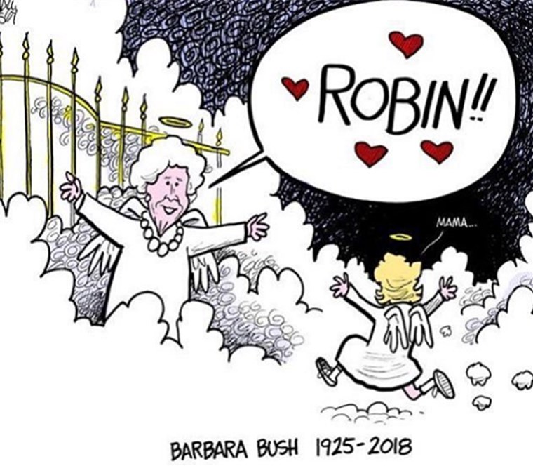 קריקטורה showing Barbara Bush reunited in heaven with daughter, Robin