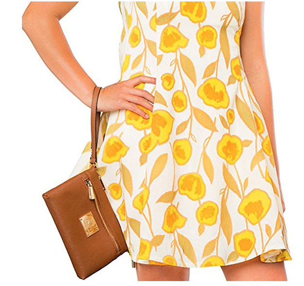 צהוב flower dress with tan purse