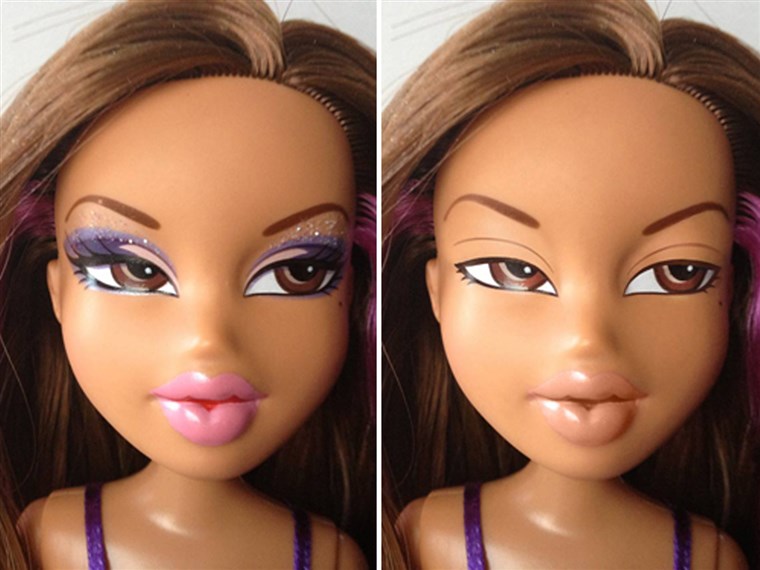 ए Bratz doll with makeup stripped