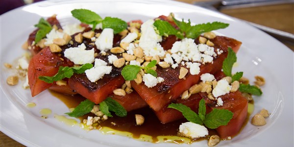 भुना हुआ Watermelon with Feta Cheese, Balsamic and Mint
