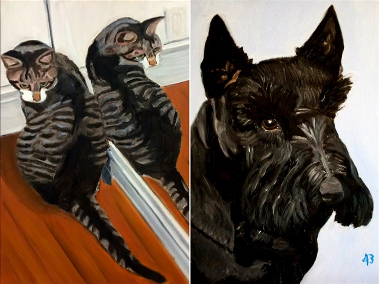 לשעבר President George W. Bush chose his pets -- his dog, Barney, and cat, Bob -- as the subjects of his initial paintings.