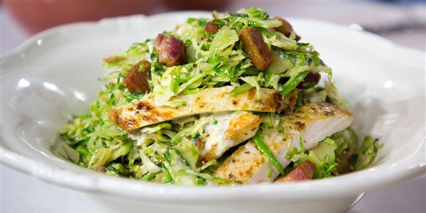 Meleg Brussels Sprouts Caesar Salad with Chicken and Bacon