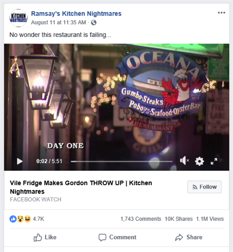 ए screen shot from Ramsay's Kitchen Nightmares' Facebook post, which has since been removed from the page.