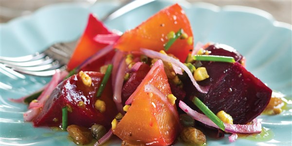 सलाद of Roasted Heirloom Beets with Capers and Pistachios