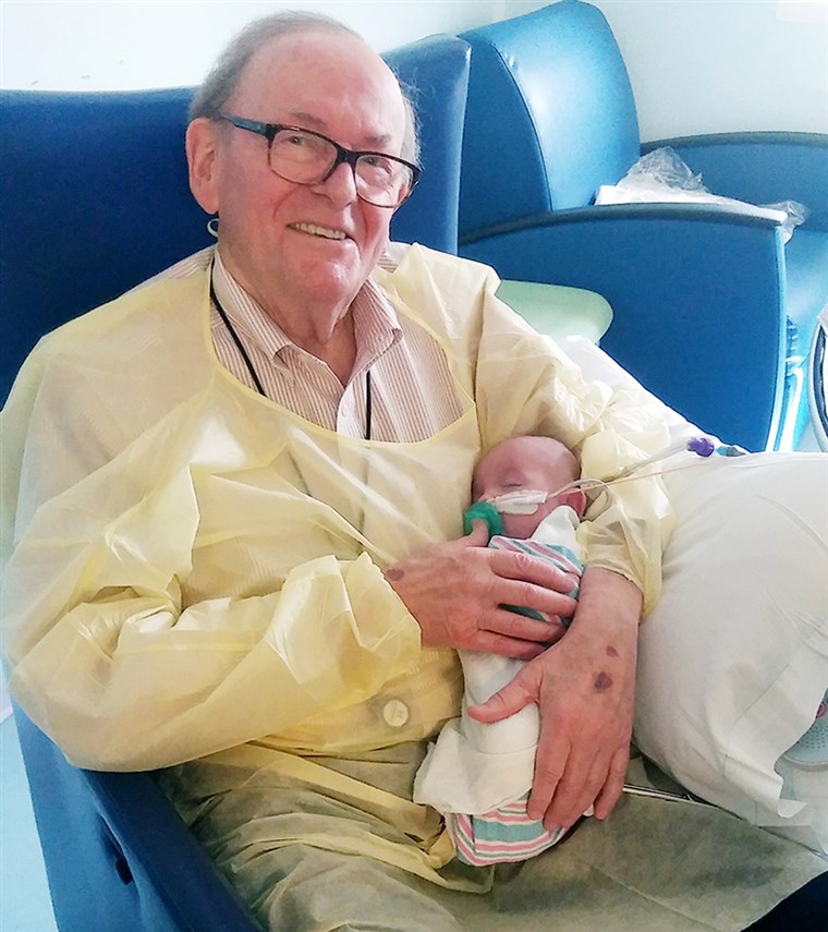 David Deutchman, 82, holding Logan Brulotte, 5 months.