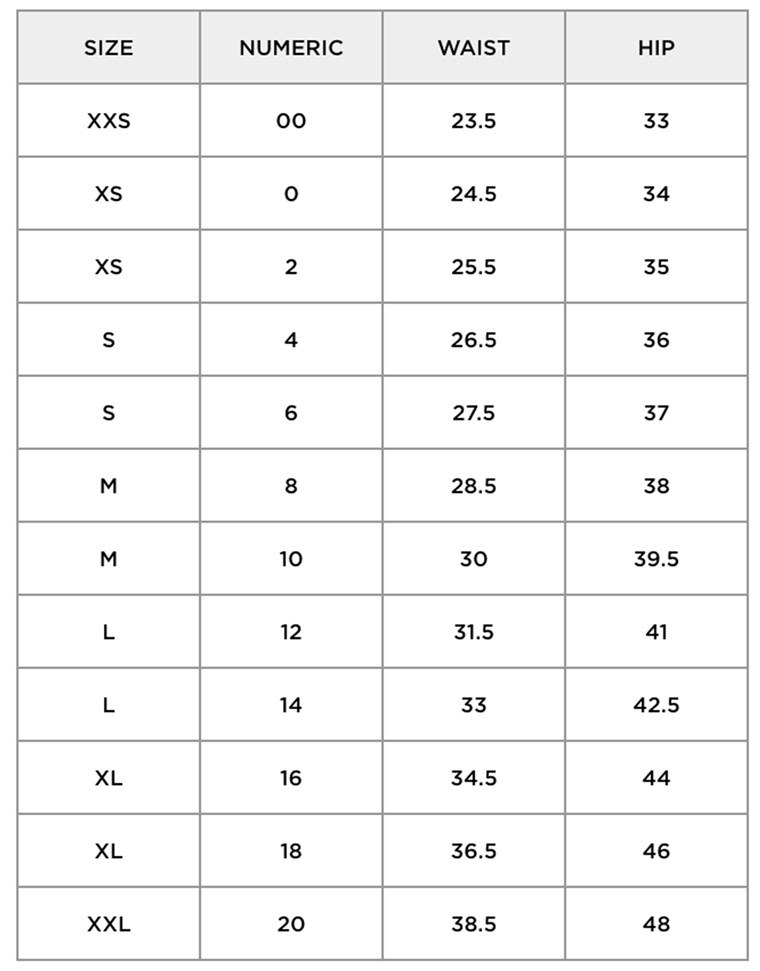 אמריקאי Eagle's current sizing chart includes sizes from 00 to 20