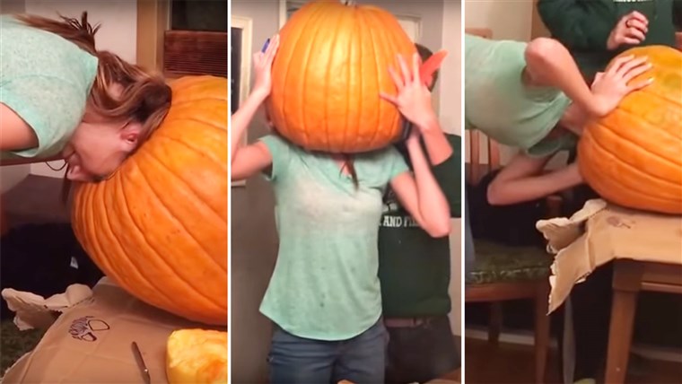 אישה Gets Head Stuck In Pumpkin