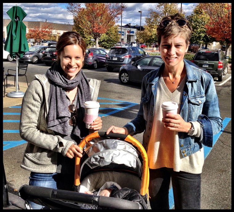 Jenna Wolfe and Stepahnie Gosk with baby in a stroller
