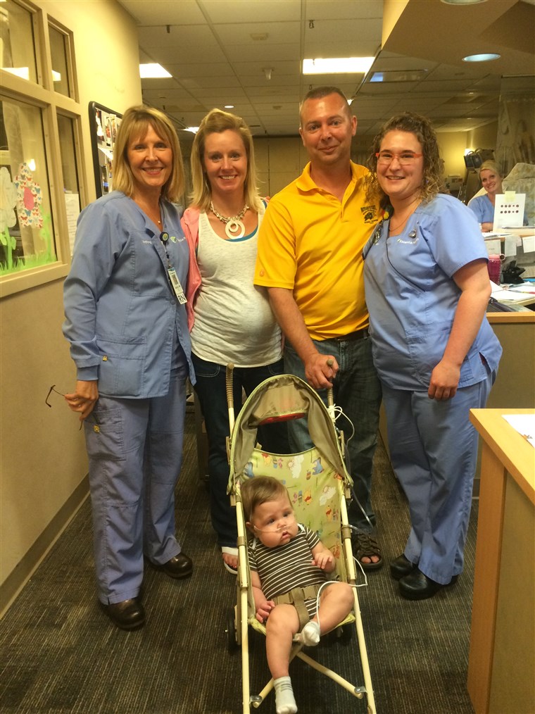 Tamo was a party at the hospital on July 24, the day Trevor went home. From left to right, Essentia Health NICU Clinical Supervisor Vicki Holtan, Becky Frolek, Bo Frolek, Essentia Health NICU Lead RN Erin Kuehl and Trevor.