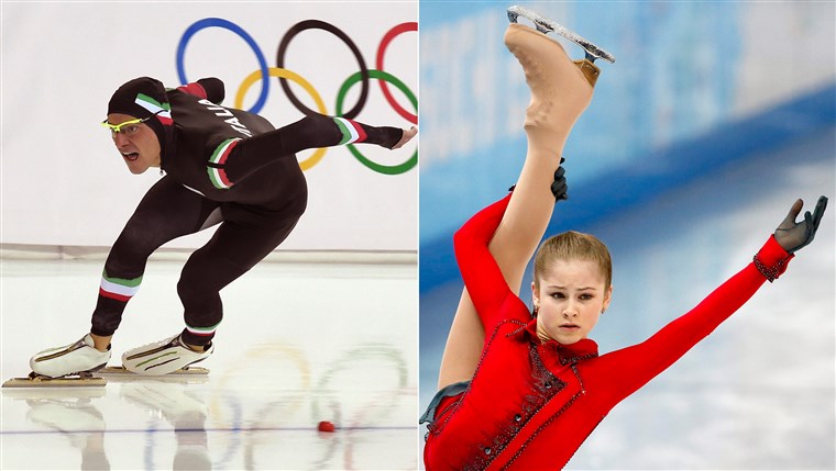 इटली's Mirko Nenzi, left, competes in the the men's speed skating 1000 m on Feb. 12; Russia's Yulia Lipnitskaya, right, performs during the women's free skating of the figure-skating team event on Feb. 9.