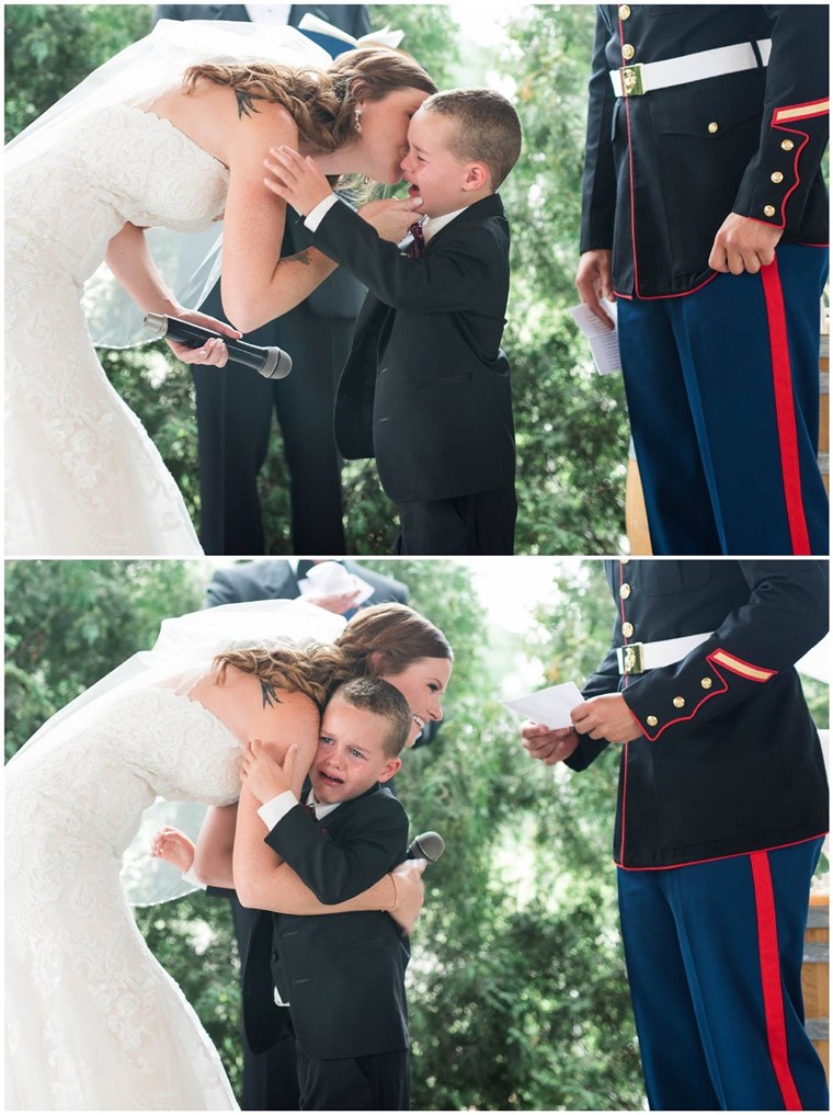 NAS. Marine Corps Sergeant Joshua Newville and Senior Airman Emily Leehan got married on Saturday in upstate New York. Newville's son, Gage, became overwhelmed with emotion at the ceremony.