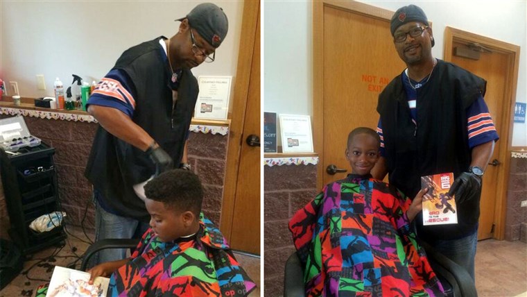 नाई Courtney Holmes, who gave away free haircuts to children in exchange for them reading him stories at a community back to school festival last weekend.