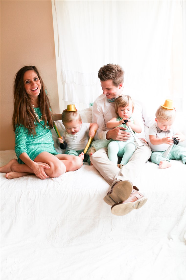 फ़ोर्टिन with husband Ryan, and 18-month-old triplets, Charlize, Jax and Sawyer.