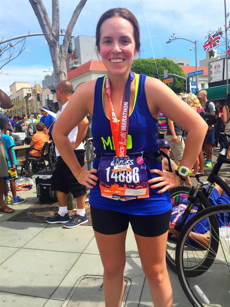राहेल Hollis after completing the Los Angeles marathon, her first ever.