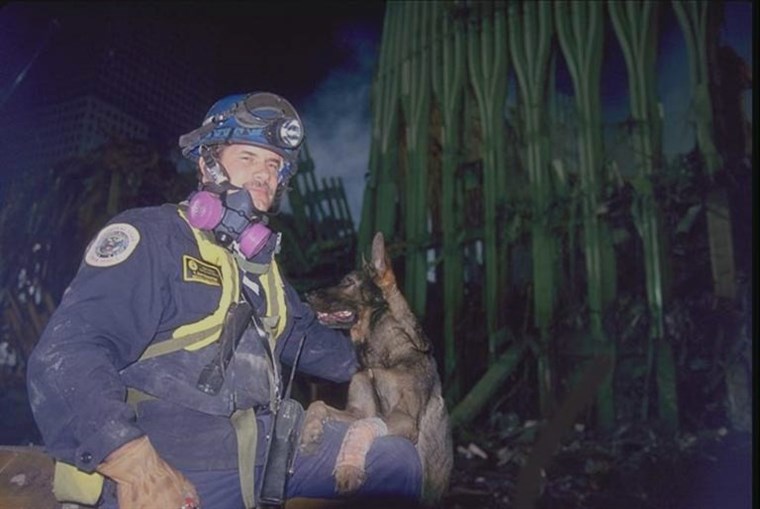 कैसर the search dog and handler Tony Zintsmaster are pictured at the pile at Ground Zero in 2001.