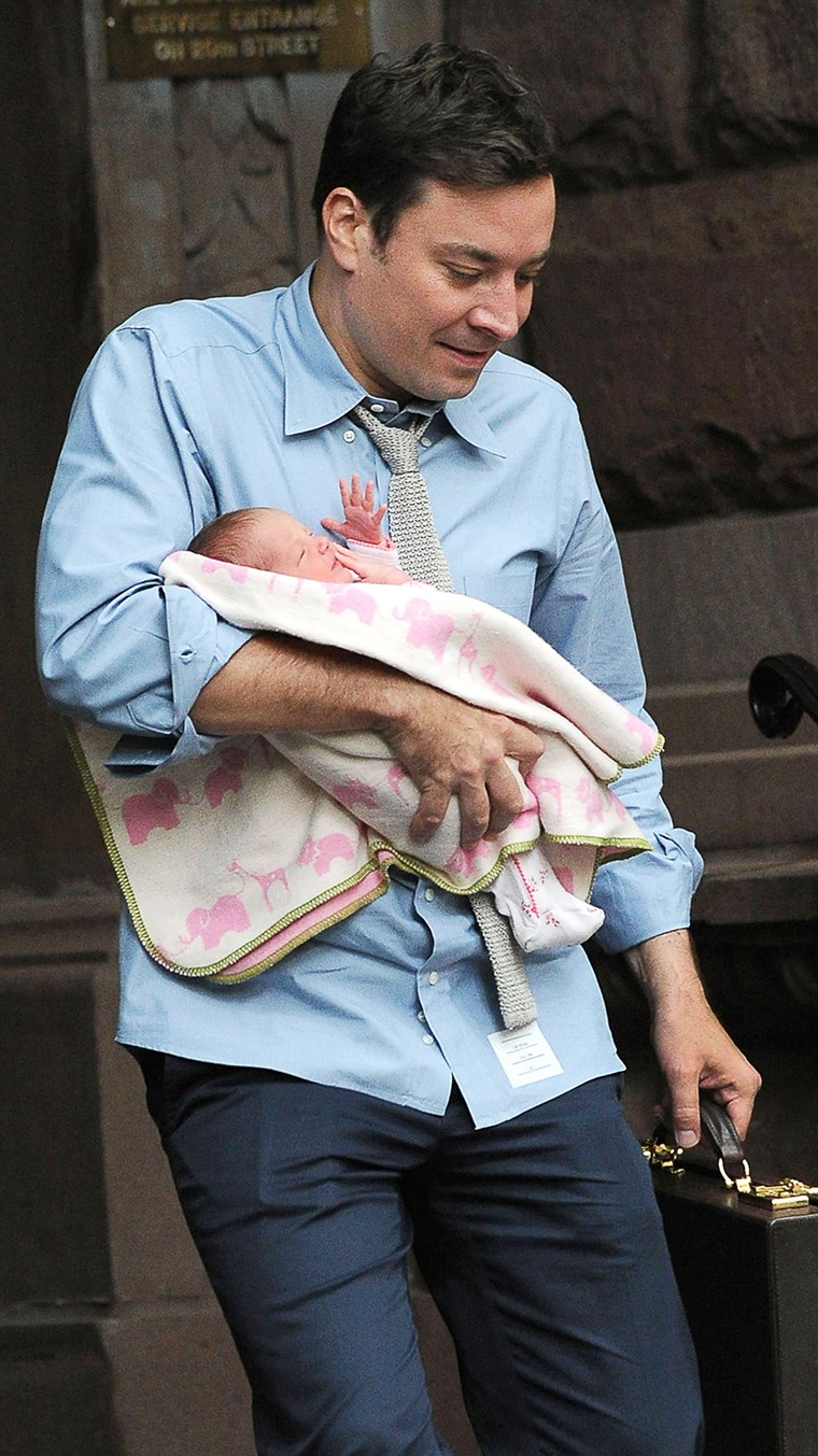 ג 'ימי Fallon departs his Manhattan residence with his adorable baby girl Winnie Fallon.