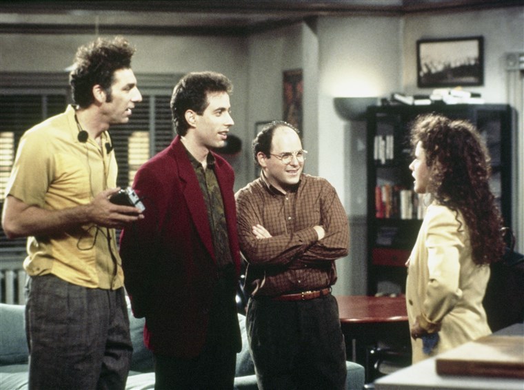 Seinfeld -- Pictured: (l-r) Michael Richards as Cosmo Kramer, Jerry Seinfeld as Jerry Seinfeld, Jason Alexander as George Costanza, Julia Louis-Dreyfu...