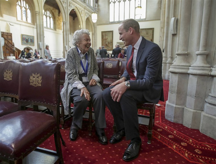 Princ William meets Iris Orrell, aged 98, who received an Orphans Medallion during a Metropolitan and City Police Orphans Fund reception, at the Guildhall, London.
