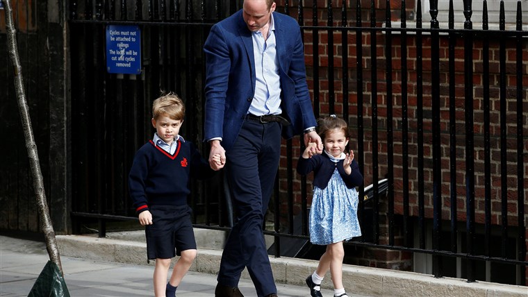 Britannia's Prince William arrives at the Lindo Wing of St Mary's Hospital with his children Prince George and Princess Charlotte after his wife Catherine, the Duchess of Cambridge, gave birth to a son, in London