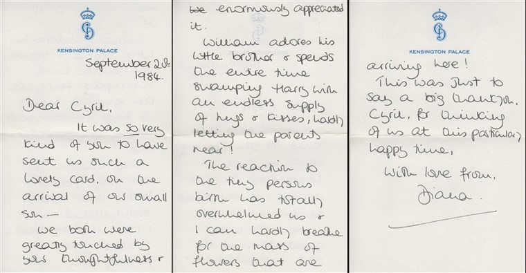 נסיכה Diana letters to her friend Cyril Dickman, a steward at Buckingham Palace.