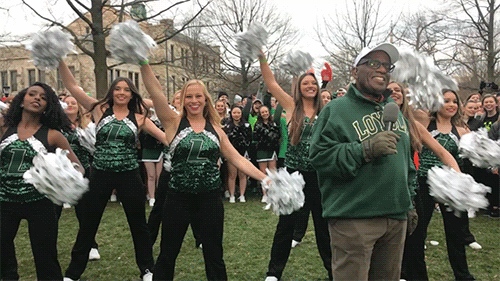 जैसा Day 4 of Rokerthon 3 begins, TODAY's Al Roker stands with the Loyola University Maryland cheerleaders and mascots before students attempt to break the Guinness World Record for the largest number of crabwalkers. 