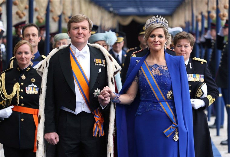 AMSTERDAM, NETHERLANDS - APRIL 30: King Willem-Alexander of the Netherlands and Queen Maxima of the Netherlands (R) leave after the inauguration cere...