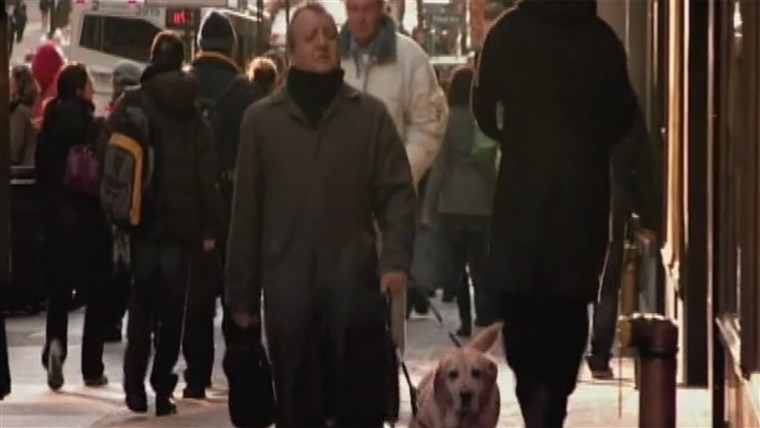 עומר Rivera walks down a New York street with his guide dog Montana.