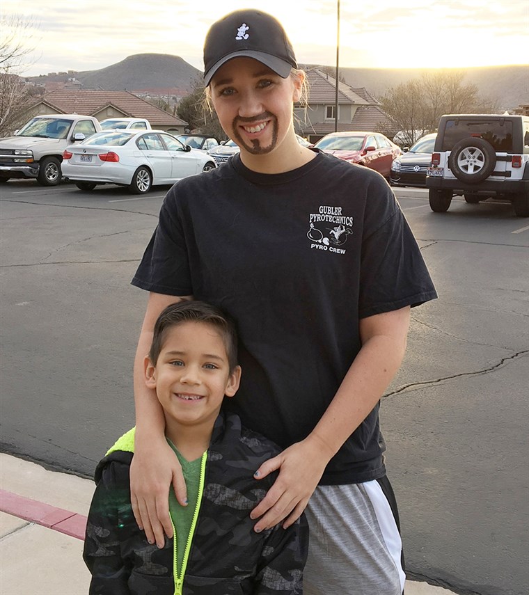 ויטני Kittrell with her son Lucas while dressed for a dads and doughnuts day at his school.