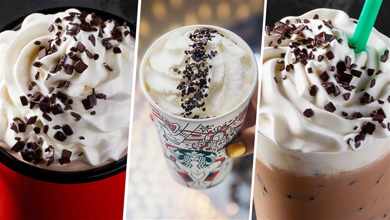 Iz left: Starbucks' Black and White Hot Cocoa, Black and White Mocha, and Black and White Frappuccino.
