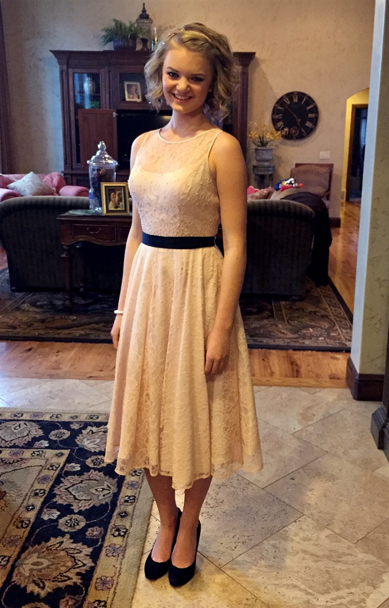  school official said this dress worn at a Utah school dance by Gabi Finlayson violated dress code rules about shoulder strap width.