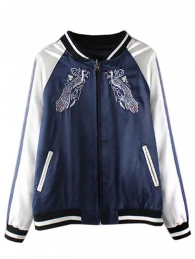 ABADAY blue embroidery bird contrast sleeve bomber jacket
