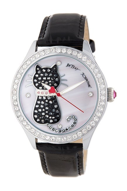 बेट्सी Johnson Women's Cat Crystal Embossed Leather Watch