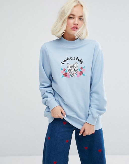 आलसी Oaf High Neck Sweatshirt With Weird Cat Lady Embroidery