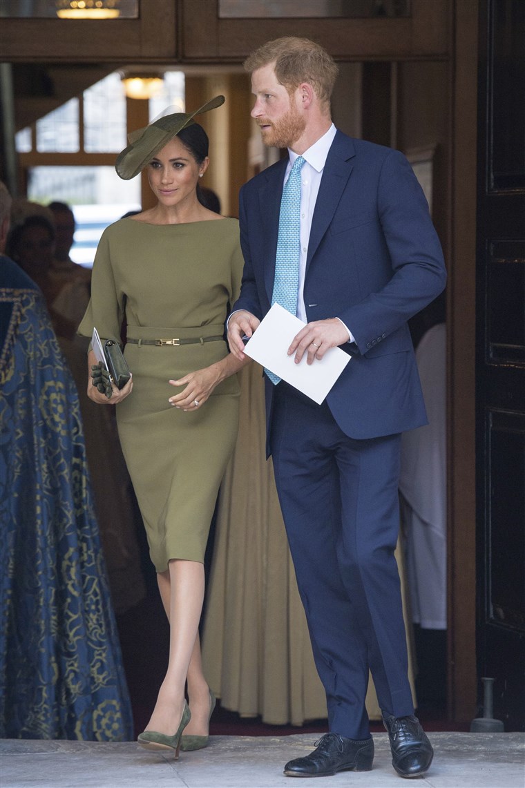 ब्रिटेन's Prince Harry and Meghan Duchess of Sussex leave after the christening service of Prince Louis at the Chapel Royal, St James's Palace, London, Monday, July 9, 2023.