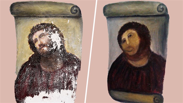 20 century Ecce Homo-style fresco of Christ , left and the 'restored' version, at right.
