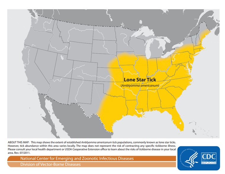 नक्शा of the spread of the lone star tick