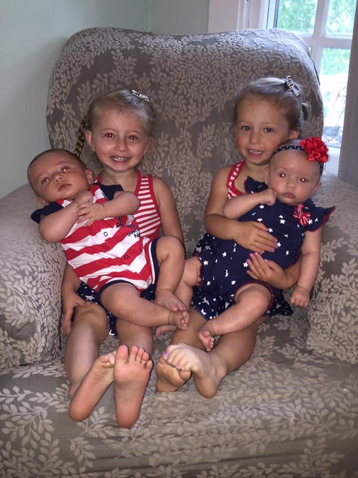 Mama Kristan Levy writes on Facebook, “Our two sets of twins were both surprise twins (no family history and no medication) and are only 2 years apart! All fraternal and love each other to the ends of the earth. Sharing is another story!”
