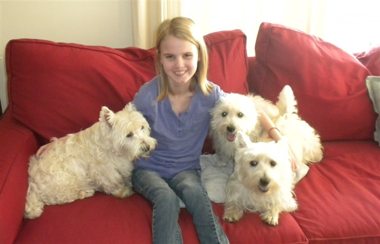 कृपा Forgea and her three Westies, Chester, Lucy and MacIntosh, 