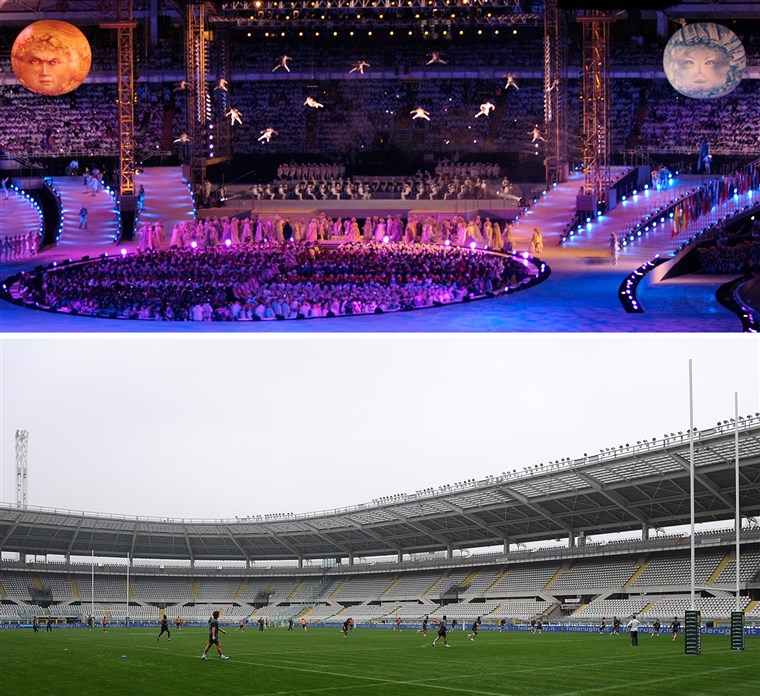  Opening Ceremony of the 2006 Torino Games (top), and the stadium in 2013, used for a rugby match.